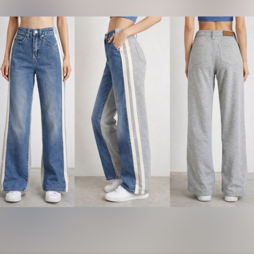 Austin Landing High Rise Wide Leg Jeans in Blue with Contrasting Side Stripes 5